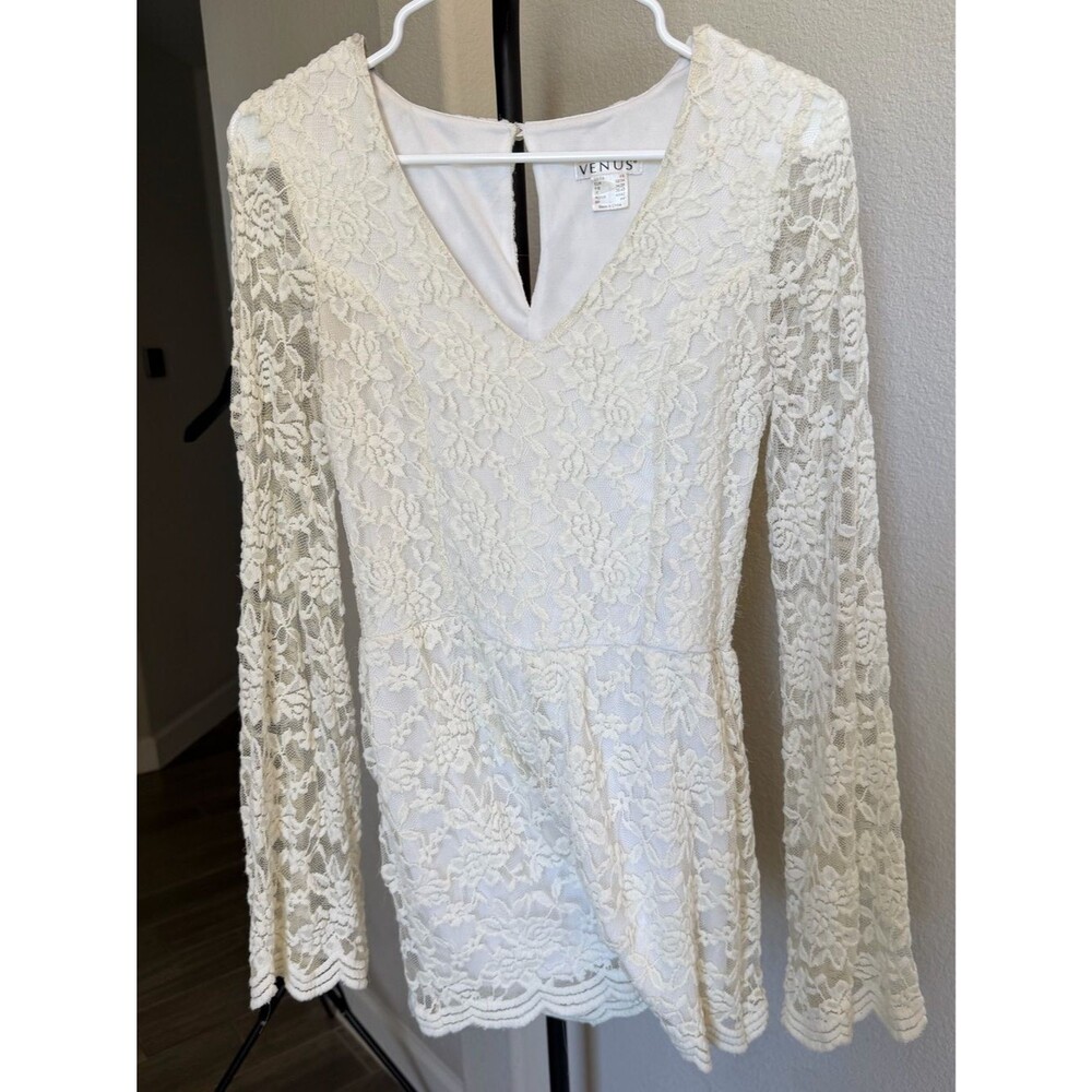 VENUS Ivory Lace Long-Sleeve V-Neck Blouse Dress XS